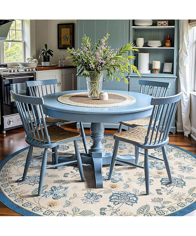 jinchan Elora 8ft Floral Round Rug for Dining Room Washable Living Room Rug Vintage Romance Design Non Slip Indoor Floor Cover Lightweight Low-Profile Throw Carpet for Bedroom Porch Patio, Blue/Beige