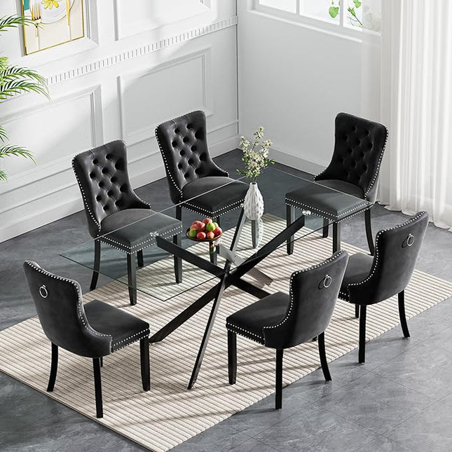 Modern 7-Piece Glass Dining Table Set for 6, Modern 60" Rectangle Black Glass Dining Room Table Set with Black Velvet Tufted Chairs Wood Legs for Kitchen Dining Room