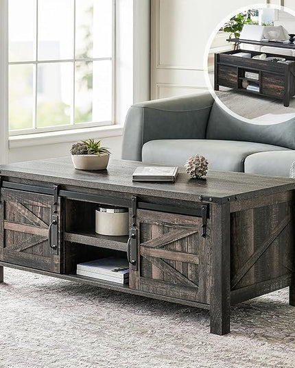 OKD 48" Farmhouse Lift Top Coffee Table with Sliding Barn Door,Rustic Center Table with Hidden Storage Compartment,Lifting Tabletop and Adjustable Shelf for Living Room,Office,Dark Rustic Oak