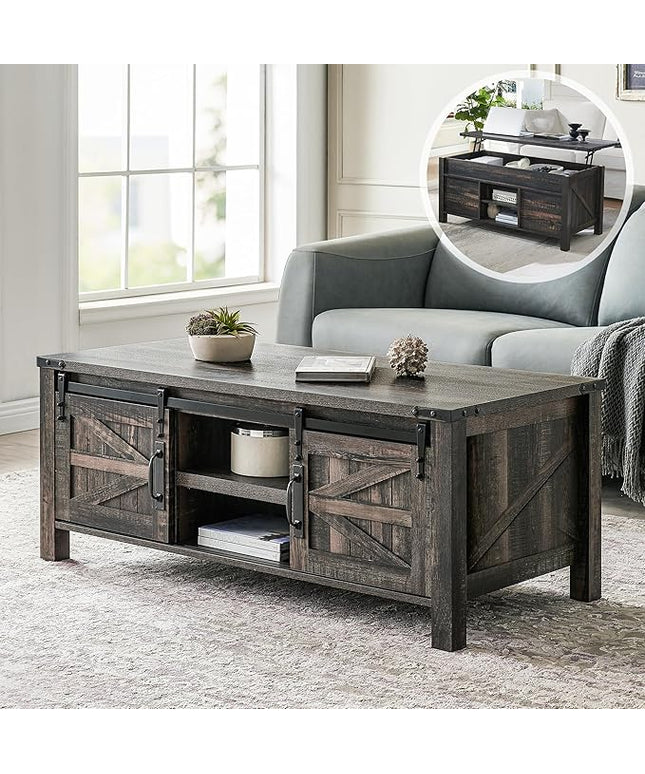 OKD 48" Farmhouse Lift Top Coffee Table with Sliding Barn Door,Rustic Center Table with Hidden Storage Compartment,Lifting Tabletop and Adjustable Shelf for Living Room,Office,Dark Rustic Oak