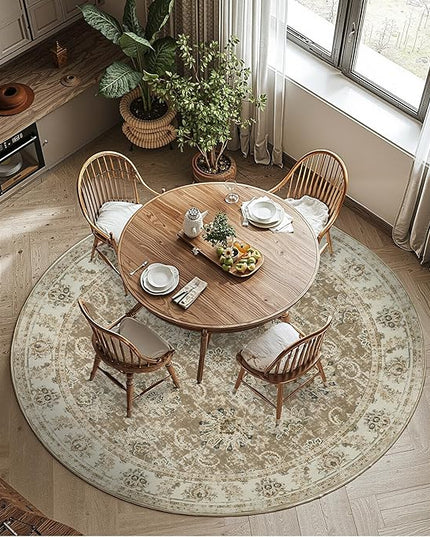 jinchan Fiora Round Rug 7ft Area Rug - Taupe Vintage Floor Mat Indoor Ultra-Thin Soft Floral Print - Washable Circle 7' Retro Accent for Farmhouse Non Slip Dining Room Living Room Bedroom Office