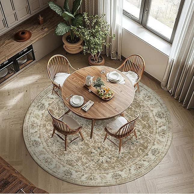 jinchan Fiora Round Rug 7ft Area Rug - Taupe Vintage Floor Mat Indoor Ultra-Thin Soft Floral Print - Washable Circle 7' Retro Accent for Farmhouse Non Slip Dining Room Living Room Bedroom Office