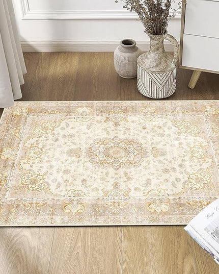 Small Rugs 2'x3',Boho Rug for Entryway Bathroom Kitchen Entrance Doormat,Vintage Bohemian Distressed Washable Accent Indoor Mat Floor Throw Carpet Non Slip,Beige Gold Floral