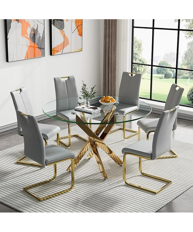 HomVent Round Glass Dining Table Set for 6, 7-Piece Modern Kitchen Table Set with 6 PU Upholstered Chair for Kitchen Dining Room, Glass Dining Room Table Set