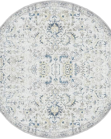 jinchan Kalen Round Rug 4ft Area Rug Entryway Washable Vintage Indoor Retro Floor Cover Distressed Floral 4' Round Circle Boho Non Slip Thin Carpet for Kitchen Bedroom Living Room Dining Room Blue