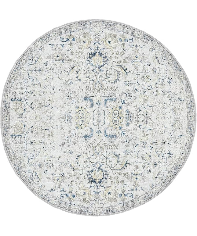 jinchan Kalen Round Rug 4ft Area Rug Entryway Washable Vintage Indoor Retro Floor Cover Distressed Floral 4' Round Circle Boho Non Slip Thin Carpet for Kitchen Bedroom Living Room Dining Room Blue