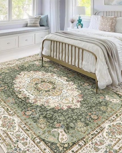 5x7 Area Rugs Washable,Green Rug for Living Room Bedroom Kitchen,Large Boho Vintage Bohemian Distressed Carpet Non Slip,Floral