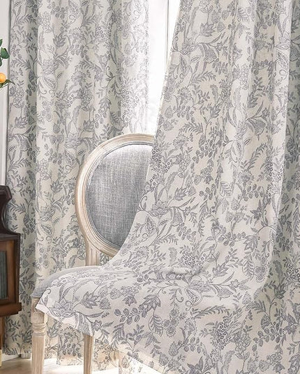 Lazzzy Grey Floral Lined Curtains Linen Farmhouse 84 Inches Long Grommet Top Drapes for Living Room Bedroom Country Vintage Flower Printed Curtains 2 Panels Set Gray on Beige