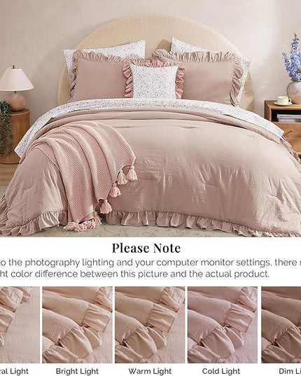 Full Comforter Set - 7 Pieces Ruffle Pink Bedding Sets, Shabby Chic Farmhouse Bed in a Bag Full with Ruffle Comforter, Floral Sheets, Pillowcases & Shams