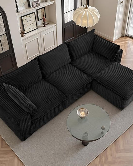 108" Sectional Couches for Living Room Boneless Couch Upholstered Cloud Couch Sectional Modular Sectional Sofa with L Shaped (Corduroy-Black, 3 Seat+1 Ottoman)