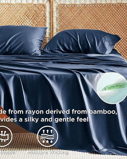 Bedsure Queen Sheet Set, Rayon Derived from Bamboo, Cooling Sheets, Breathable & Soft, Deep Pocket Up to 16 Inches, Hotel Luxury Silky Bedding for Hot Sleepers, Navy
