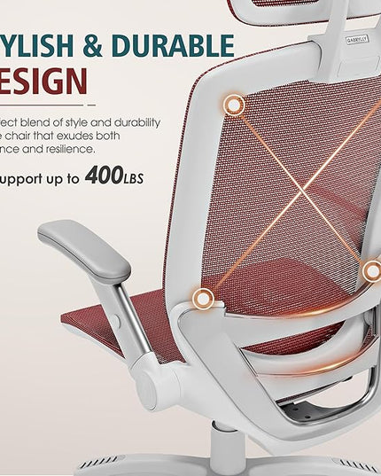 GABRYLLY Ergonomic Office Chair, High Back Home Desk Chair with Headrest, Flip-Up Arms, 90-120° Tilt Lock and Wide Cushion, 400LBS Mesh Chairs for Man Woman, White Task Chair(Red,GY01WR)