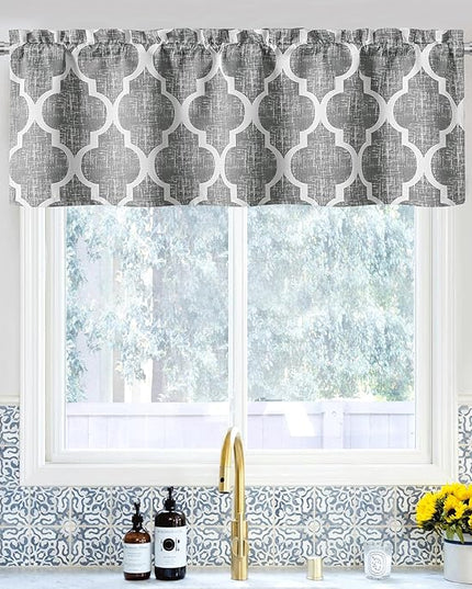Beauoop Lattice Blackout Window Valance Curtain Panels Thermal Insulated Noise Reduction Drapes for Kitchen Cafe Living Room Quatrefoil Window Treatment Sets Rod Pocket, 50W x 18L, Gray, 1 Panel