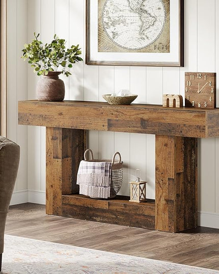 Tribesigns 63" Console Table, Farmhouse 2-Tier Entryway Table with U-Shaped Base, Narrow Long Wood Sofa Table Behind Couch Table for Living Room, Hallway, Foyer, Mix Brown