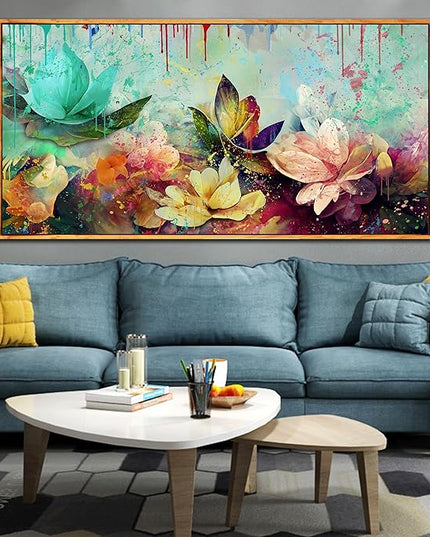 Flower Wall Art for Living Room, Framed Floral Canvas Wall-Art for Bedroom, Watercolor Lotus Print, Large Size 59x29 Inches