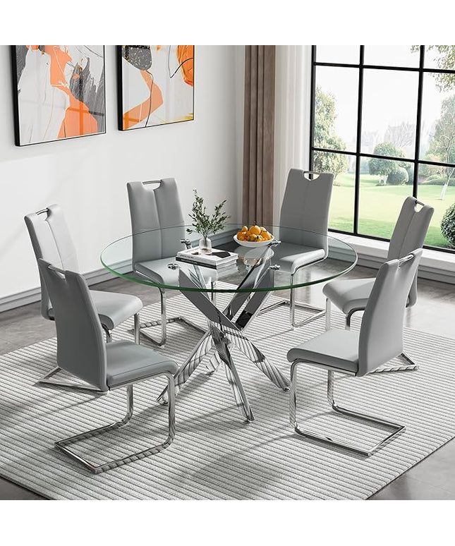 HomVent Round Glass Dining Table Set for 6, 7-Piece Modern Kitchen Table Set with 6 PU Upholstered Chair for Kitchen Dining Room, Glass Dining Room Table Set