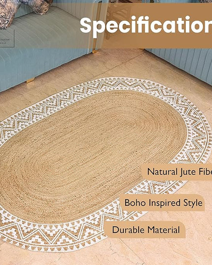 voyzz home 5x8 Feet-Oval, Premium Natural Jute Braided Area Rug, White Printed Border, Stain Resistance, Natural Brown, Handmade Rug for Entryways, Living Room, Dining Room, Bedroom, Office, Farmhouse