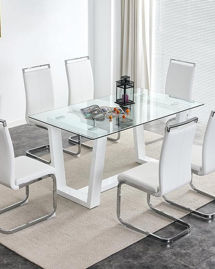 Ebullient Glass Dining Table Set for 6, Modern Dining Table Set for 6, Tempered Glass Tabletop with White MDF Trapezoid Legs, Rectangle Kitchen Table with 6 Faux Leather Chairs for Home, Apartment