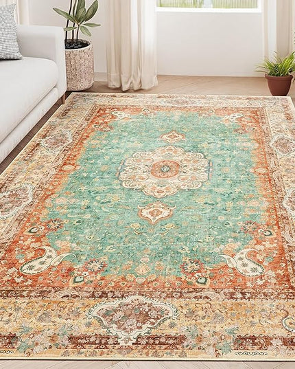 5x7 Area Rugs Washable,Boho Rug for Living Room Bedroom Kitchen,Large Vintage Bohemian Distressed Farmhouse Carpet Non Slip,Retro Orange Green Floral