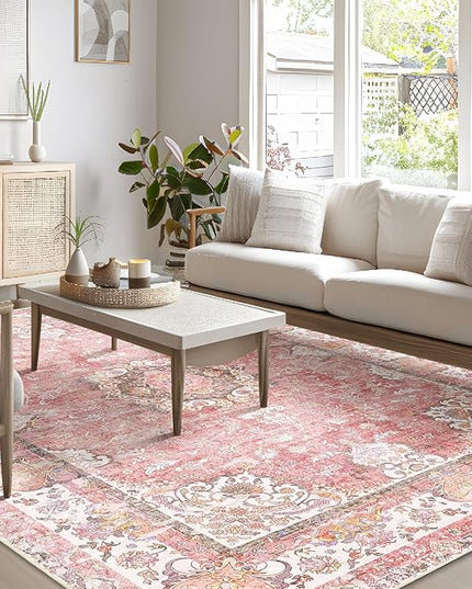 8'x10' Area Rugs Washable,Pink Rug for Living Room Bedroom Dining Room,Large Boho Vintage Bohemian Distressed Oriental Carpet Non Slip,Blush Floral Flowers