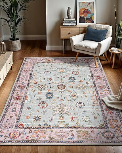 GLN Rugs Traditional Collection - Machine Washable Area Rug, Traditional Washable, Non Slip, Low Pile Chenille Rug, Living Room, Bedroom, Kitchen Rug (5'3"x7'5" Pink and Gray)