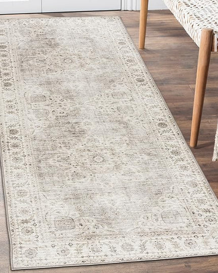 ReaLife Rugs Machine Washable Area Rug Runner - Living Room Bedroom Bathroom Kitchen Entryway Office - Padded Low Pile Stain Resistant Premium - Boho Farmhouse Vintage - Joy - Beige Ivory 2'6" x 6'