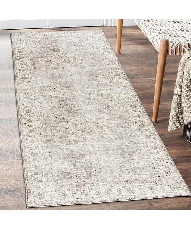 ReaLife Rugs Machine Washable Area Rug Runner - Living Room Bedroom Bathroom Kitchen Entryway Office - Padded Low Pile Stain Resistant Premium - Boho Farmhouse Vintage - Joy - Beige Ivory 2'6" x 8'