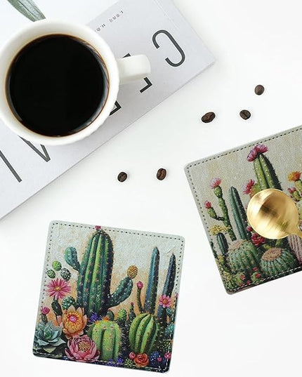Marble Coasters Square Leather Drinks Coaster Set with Holder for Coffee Table Bar Home Decor 4 Inches Set of 6 (Cactus, One Size)