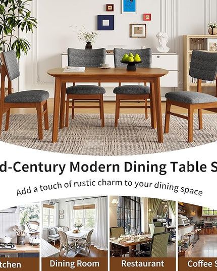 5-Piece Wooden Dining Set Mid-Century Modern Dinner Table and 4 Upholstered Chairs Rectangular Table with Chairs Set Rubberwood Legs Linen Padded Seat & Backrest for Dining Room Kitchen Apartment