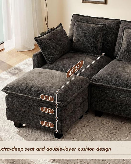 Ihanherry 57" L Shaped Modular Sectional Cloud Sofa, Modern 3 Seat Chenille Couch with Ottoman for Living Room, Bedroom and Apartment, Black