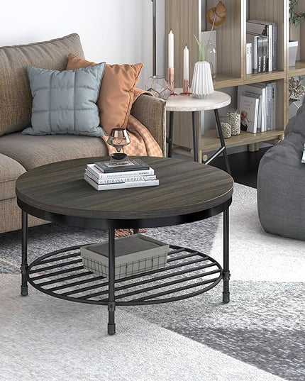 NSdirect 36" Round Coffee Table with Storage Shelf, Dark Grey Brown Vintage Wood Top & Metal Legs - 18.5" Height End Table for Small Spaces (Dark Grey Brown)