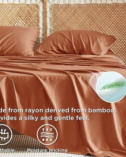 Bedsure Queen Sheet Set, Rayon Derived from Bamboo, Cooling Sheets, Breathable & Soft, Deep Pocket Up to 16 Inches, Hotel Luxury Silky Bedding for Hot Sleepers, Burnt Orange