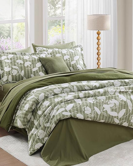 King Comforter Set -7 Pieces Olive Green Floral Comforter Set for All Seasons, Bed in a Bag King with Botanical Flowers Comforter, Sheets, Pillowcases & Shams