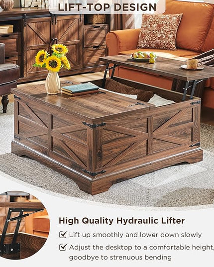 JXQTLINGMU Farmhouse Lift Top Coffee Table with Storage, 36" Wood Square Center Table with Large Hidden Compartment, Rustic Lift Tabletop Dining Table for Home Living Room, Brown