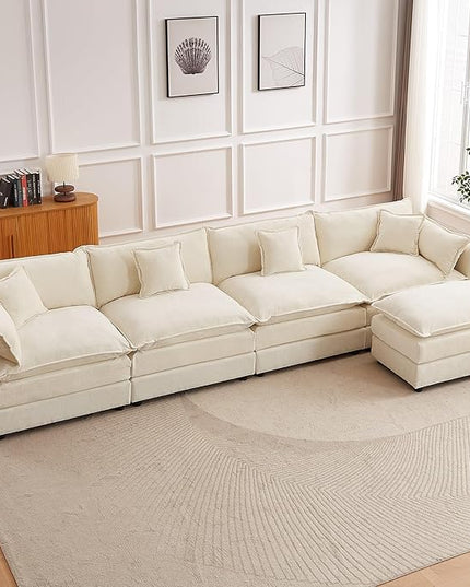 Modular Sectional Sofa, 147.2 Inch L Shaped Couch Set with Armrests, 4-Seater Comfy Cloud Couches with Movable Ottoman for Living Room Apartment, Beige