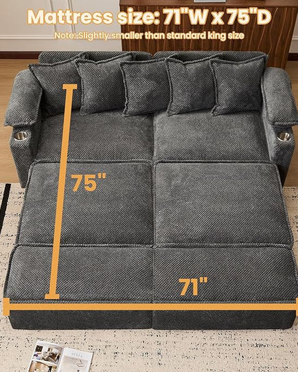 83" King Size Pull Out Sofa Bed, 4-in-1 Convertible Sleeper Sofa Bed with USB Ports, Cup Holders, Side Pockets, Corduroy Oversized Loveseat Chaise Lounge for Living Room, Small Space (Dark Gray)