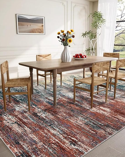 Modern Abstract Living Room Rug 8x10, Washable Area Rugs for Bedroom, Stain Resistant Non Slip Large Rug, Soft Indoor Carpet for Dining Room Table Home Decor, Red/Multi