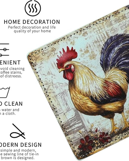 Rooster Coasters Square Leather Drinks Coaster Set with Holder for Coffee Table Bar Home Decor 4 Inches Set of 6