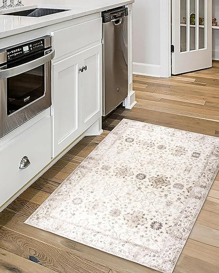 ReaLife Rugs Machine Washable Area Rug - Living Room Bedroom Bathroom Kitchen Entryway Office - Padded Crease Free Stain Resistant Premium - Boho Farmhouse Vintage- BEV- Beige - 2'x 3'