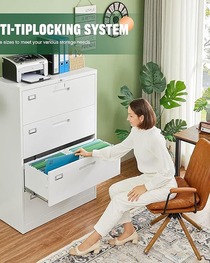 Letaya 4 Drawer File Cabinet with Lock, Metal Lateral Filing Cabinet Wide Office Organization Storage for Home Office Hanging Letter/Legal/F4/A4 (White-Requires Installation)