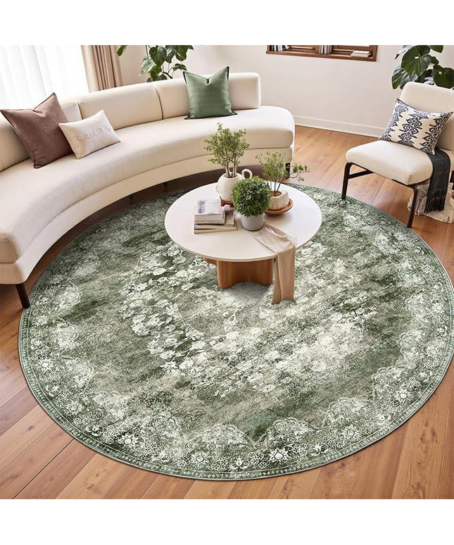 jinchan Round Rug 7ft Area Rug - Green Vintage Floor Mat Kitchen Indoor - Washable Circle 7' Thin Floral Print Christmas Carpet Retro Farmhouse Non Slip Dining Room Living Room Bedroom Office