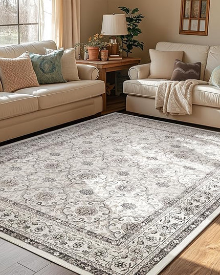 jinchan Floral 5x7 Area Rugs for Bedroom - Machine Washable Vintage Distressed Boho Design Throw Rug Stain Resistant Carpet Low-Pile Thin Non-Slip for Nursery Living Room Dining Room (5‘x7', Beige)