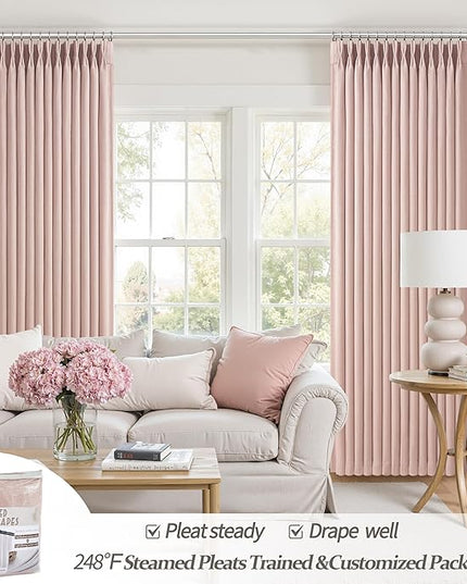 Elegant Blush Pink High Blackout High Ceiling Curtains 102 Inches Long for Sliding Glass Doors, Memory Trained Pinch Pleat Dual Layer Thick Linen Thermal Sound Dampening Modern Window Drapes 2 Panels