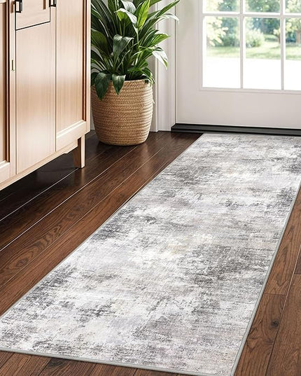 IOHOUZE Abstract Runner Rug 2x5 Ft Washable Runners for Hallways, Non Slip Kitchen Runner Printed Faux Wool Entryway Runner Indoor, Modern Abstract Floor Carpet for Hall Kitchen Bedroom, Grey Beige