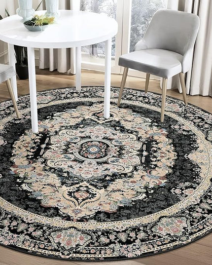 Black Round Rug 5ft, Circle Boho Area Rugs for Bedroom Living Room,Washable Vintage Bohemian Distressed Oriental Carpet Non Slip,Floral