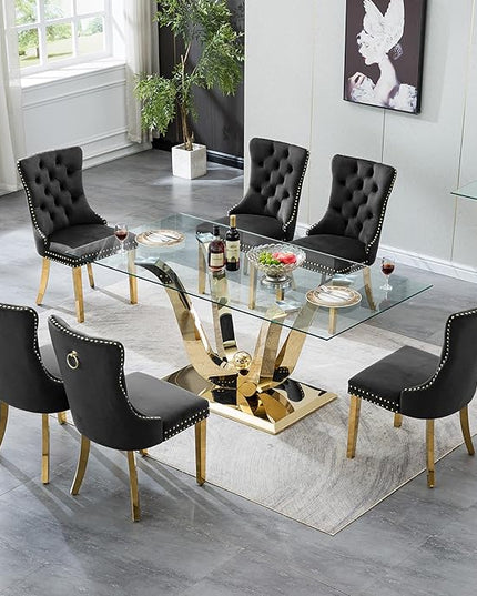 HomVent 70'' Glass Dining Table Set for 6, Modern Rectangle Kitchen Table Set for 6, Glass Dinner Table and Chairs Set for 6 for Living Room,Kitchen