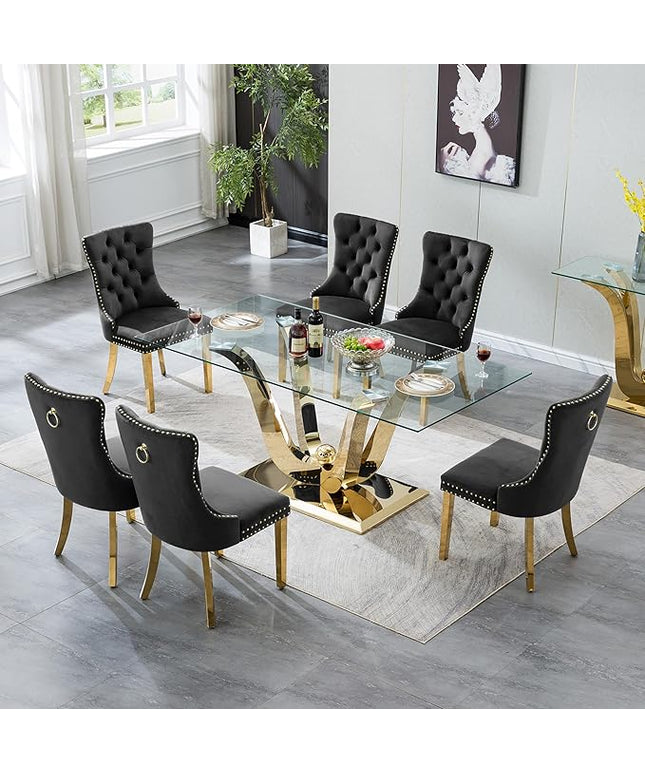 7-Piece Glass Dining Table Set w/6 Black Upholstered Dining Chairs, 70in Rectangular Large Kitchen Table Set for 6, Glass and Gold Dining Table and Chair Set for 6