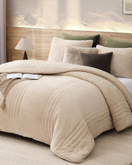 Monbix Fluffy Full Comforter Set Beige, Sherpa Plush Fuzzy Comforter 3 Piece for Full Size Bed, Luxury Soft Winter Warm Bedding Set