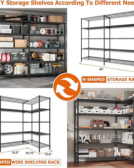 REIBII 1600LBS Storage Shelves 69.8''W Metal Shelving 5 Tier Wire Shelving Unit,Pantry Shelves Kitchen Shelves Adjustable Wire Commercial Shelf for Garage Storage Shelves, 69.8" Wx15.8 Dx72.4 H, Black