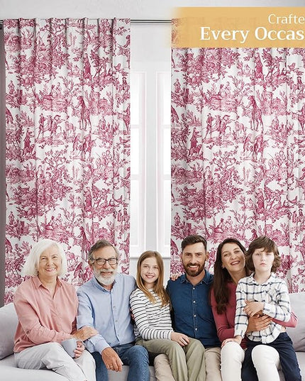 Maison d' Hermine Curtains for living room 100% Cotton 124 inch length One Panel Light Filtering Toile Curtains for Bedroom with rod and loop Pockets (The Miller Red (White Background), 50"W x 124"L)
